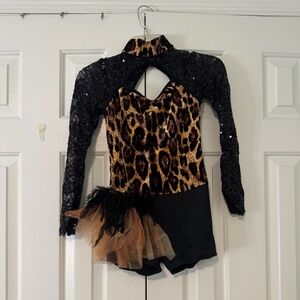 Leopard Print Sequin Dance Costume with Tule Skirt and Feathers